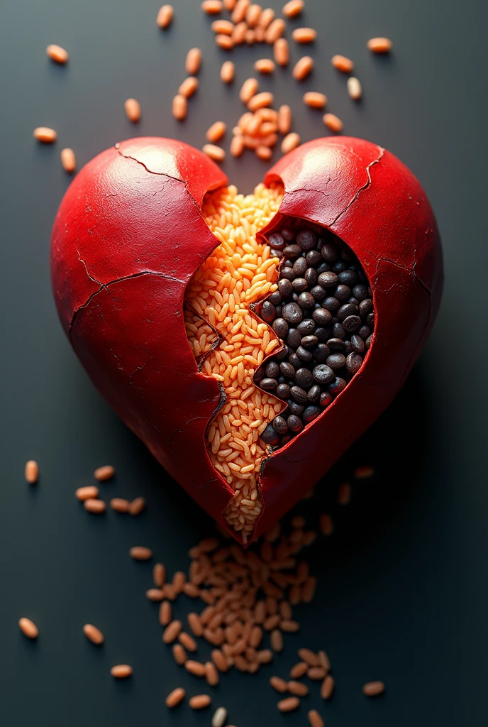 BROKEN HEART HALF FILLED WITH RICE THE OTHER HALF FILLED WITH BEANS, 3D LIGHTS AND SHADOWS