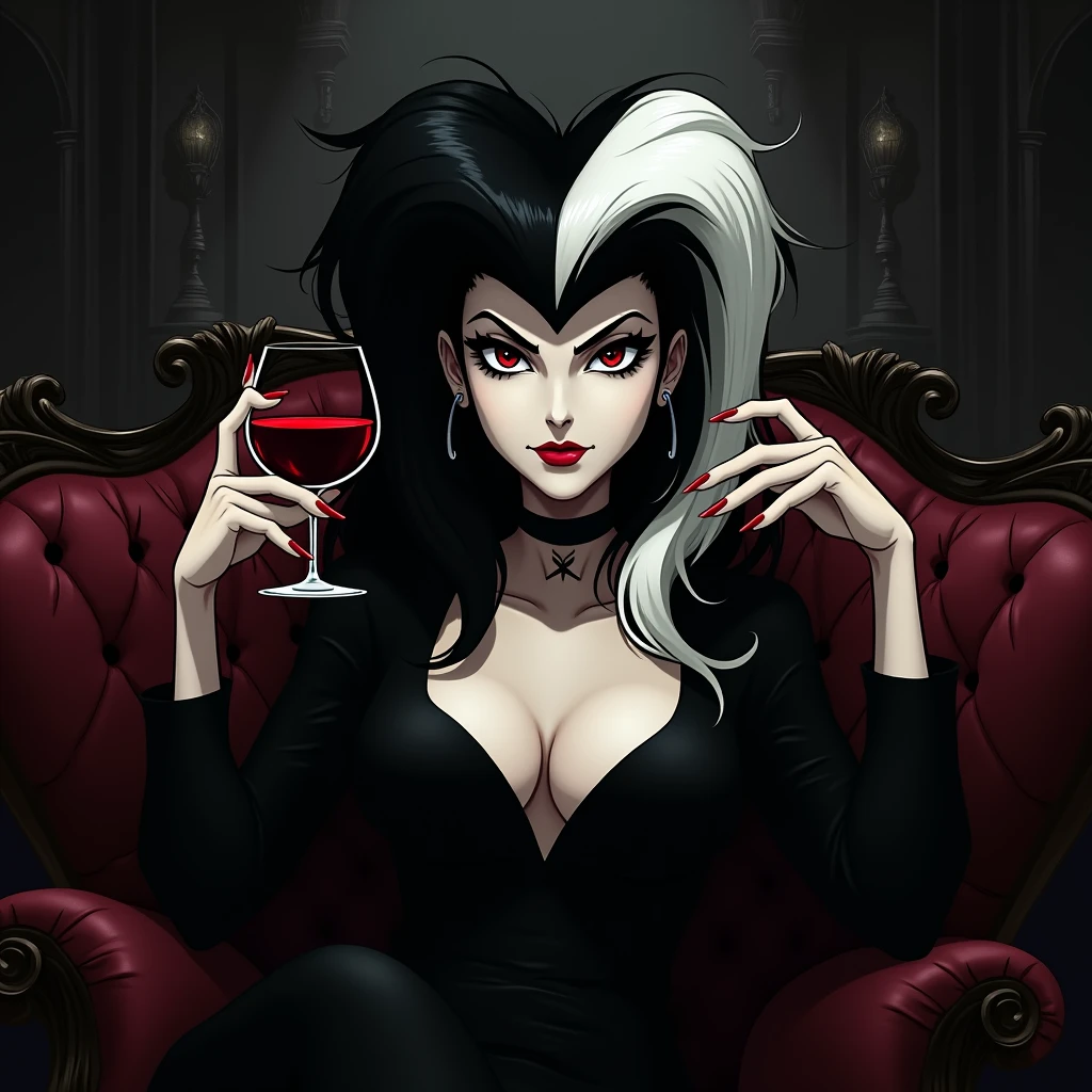 Cruella in black and white hair in anime version wearing dark makeup and in dark villa sitting on a sofa while holding red wine