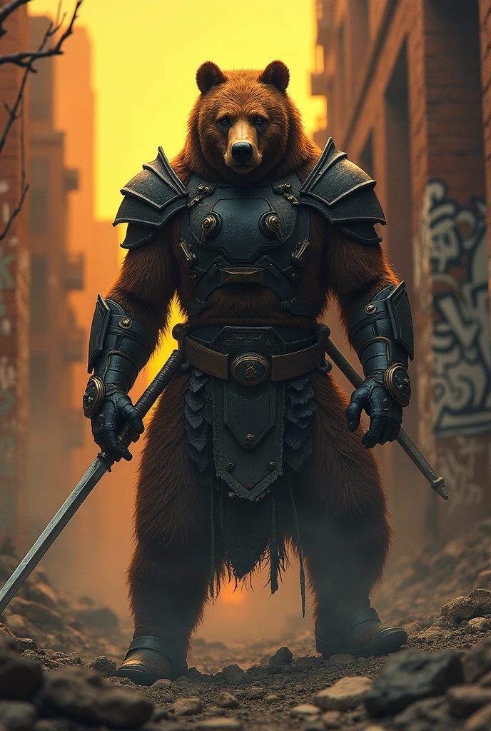 Mid-shot,whole body,Dark sci-fi style, A brown bear warrior, Sharp katana, Wearing high-tech armor with scales, Post-apocalyptic dystopian landscape,the ruined city,Rubble and ruins,GLOOMY AMBIANCE,Orange sky,Graffiti covered wall,Film composition,Ultra Detailed,masterpiece,(Style similar to Grimly),((Amazing Art Effects from Hans Haltung)),