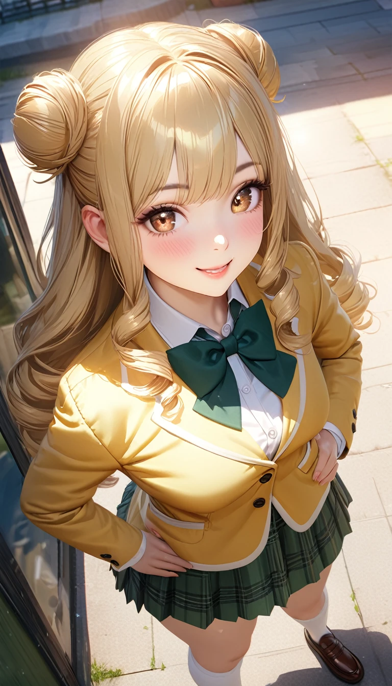 (masterpiece,ultra-detailed,best quality,8K,CG,realistic,illustration:1.2),(perfect-composition,detailed beautiful face,Clean skin,photographical skin,shiny skin,shiny hair, photographical hair,ultra detailed eyes,shaved,kawaii,uncensored:1.1),smile,long hair,twin tail, 1girl, solo, long hair, blonde hair, double bun, drill hair, brown eyes,winter school uniform, green bowtie, white shirt, yellow blazer, buttoned blazer,plaid skirt, green skirt,knee socks,loafers,from above,smile,blushing,standing put hand on hip,outdoor,sunshine