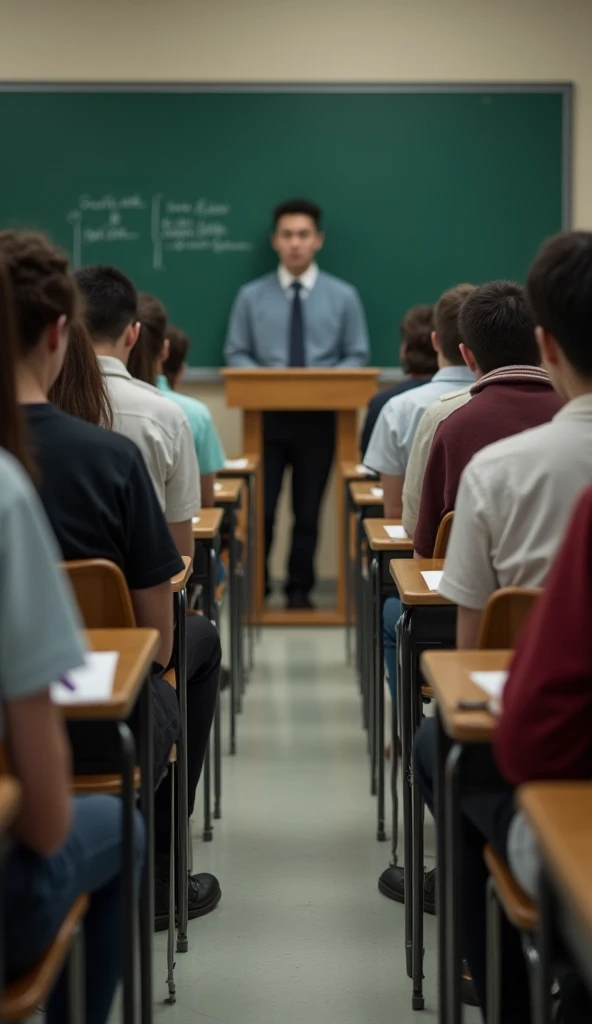 In the style of real movies，Exam in the classroom，Students sit at desks with their backs to the camera and answer questions seriously，Podium，blackboard，The invigilator stood in the middle with his back to the camera and looked down to see if any student was cheating.