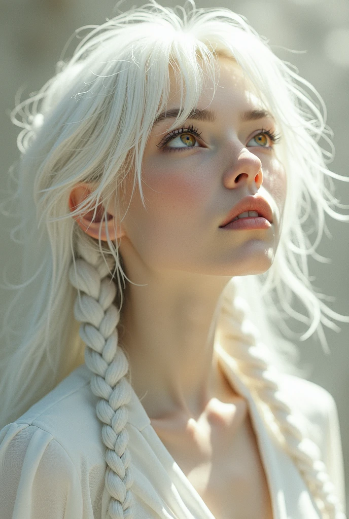 best qualityer, work of art,White hair, gold eyes,white clothes, looking up, trunk,lock of hair,skin fair,Side braids