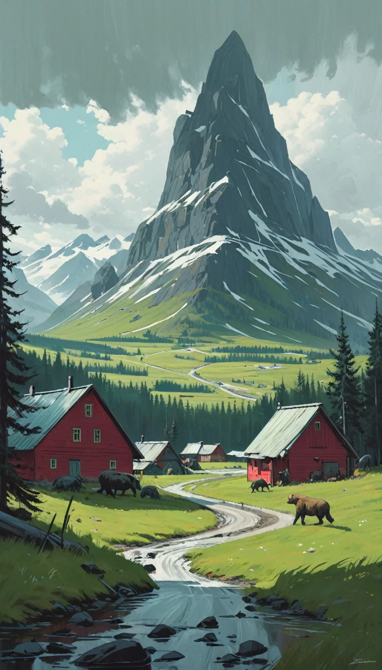 artist by Simon Stålenhag,inside the village,wild animals,light tones,(smooth strokes),fine sketches,Vivid,Moody,Landscapes,Fantasy,Dark,landscape oil painting, red and green colors