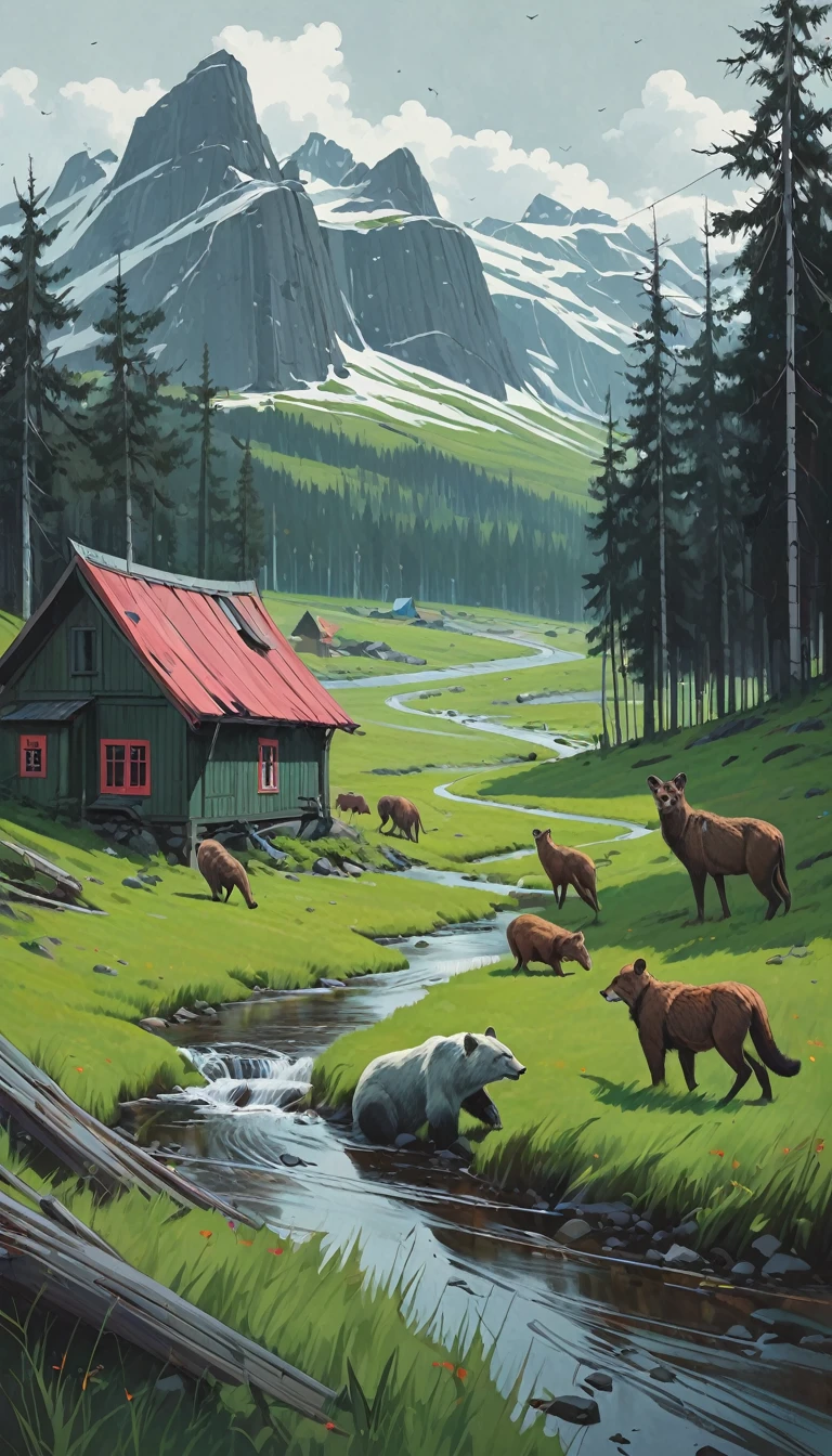 artist by Simon Stålenhag,inside the village,wild animals,light tones,(smooth strokes),fine sketches,Vivid,Moody,Landscapes,Fantasy,Dark,landscape oil painting, red and green colors