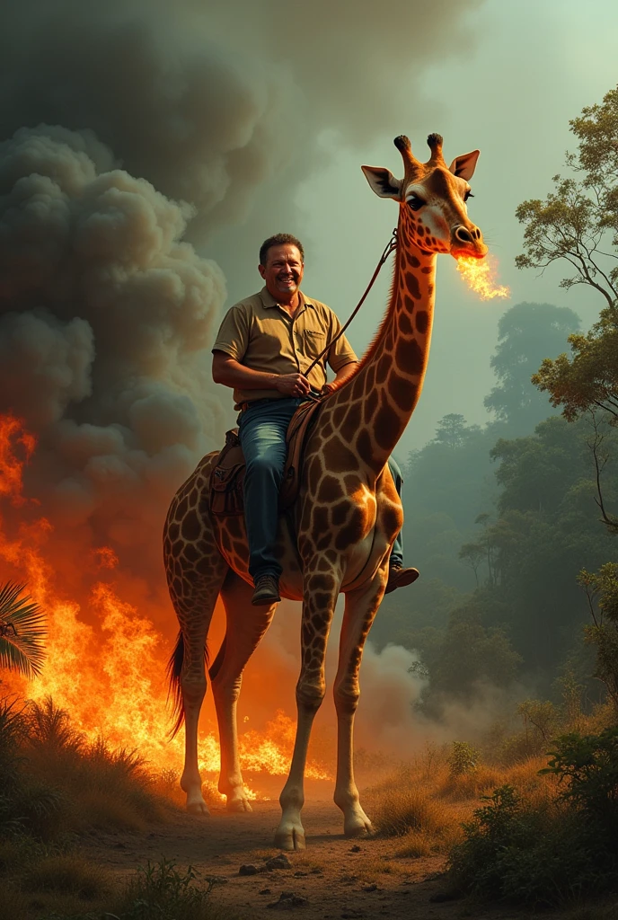 Luís Inácio Lula da Silva setting fire to the Amazon rainforest and smiling at the camera riding a fire-breathing giraffe