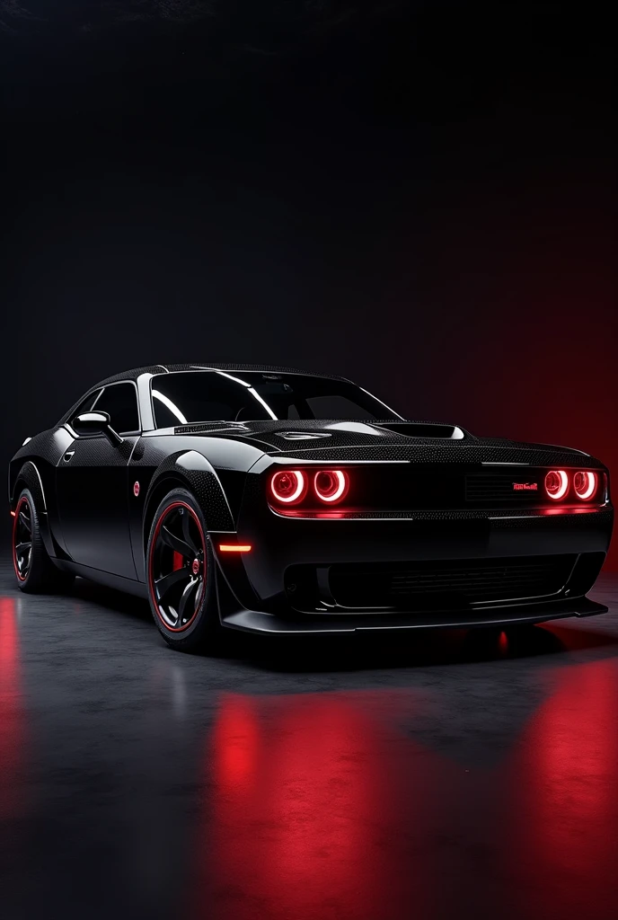 Dodge Challenger SRT hellcat red eye in black colour with red light with dark background  with a little side view