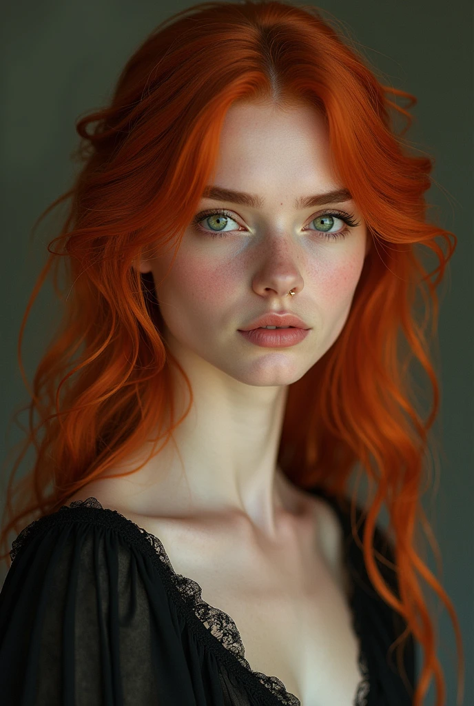 Beautiful woman 1,70cm redhead green eyes medium breasts thin waist medium ass 65kg white skin of Nordic origin hoop piercing in one nostril slightly curly hair small navel just a small hole for jewelry.