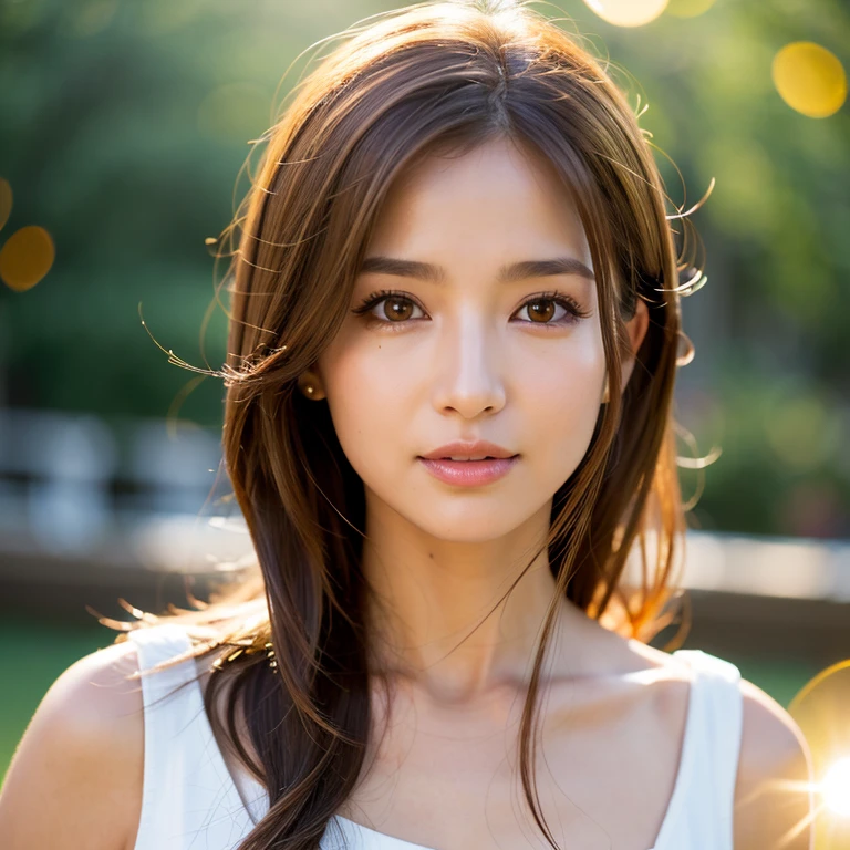 Brown-haired woman 30 years old、unclean、Lens flare、(8K、born、professional、highest quality、masterpiece:1.2)、(realistic、Photoreal:1.37)、super detailed、(best detailed skins:1.2)、(Supreme Detail Face:1.2)、movie lighting、1 female、Japanese、Short-cut brown hair、(the wind is strong)、warm white light、shy smile、Photographed from the front、((highest quality、8K、masterpiece:1.3))、beautiful woman with perfect figure:1.4、、((dark brown hair、big breasts:1.2))、Highly detailed face and skin texture、detailed eye、double eyelid、big breasts、gender Wearing a plain white round neck T-shirt Tokyo city whole photo Cafe
