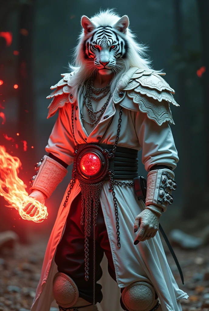white tiger age 35, asian, white hair visual kei, wisdom sight, white plate armor, white tiger armor plate, a red ying-yang crystal on the belt , dark green leather matrix gabardine, dark green cargo, arm on red fire, chains around the belt, leather boots with chain pins, cyberpunk japanese style, athletic strongest, magic powers, action, black cat nails, meditation pose, dark night backgroud