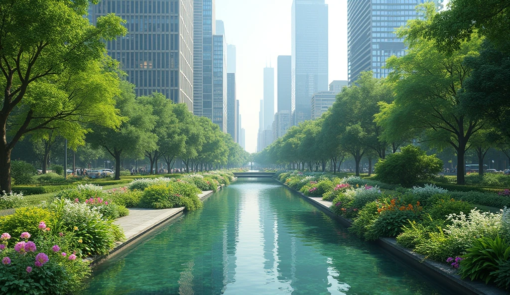 Create a square with a lake and lots of plants in the middle of a city