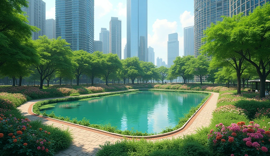Create a square with a lake and lots of plants in the middle of a city