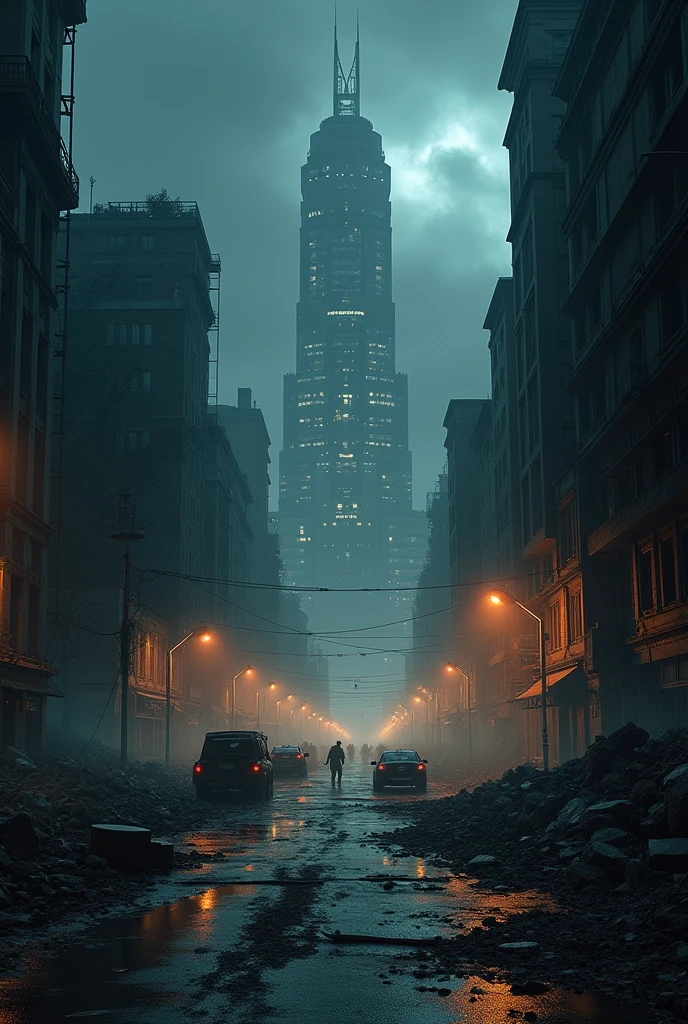 a city at night time that is destroyed, with fallen buildings, desolate atmosphere, urban warfare scenario based on the game 7 Days to Die