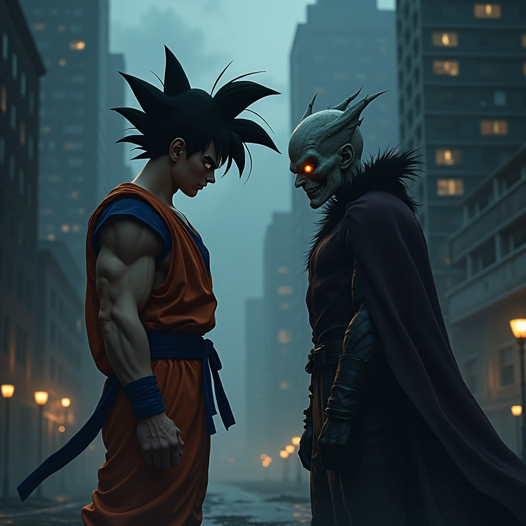 Draw Goku asking the vampire to blindfold himself in a dark city