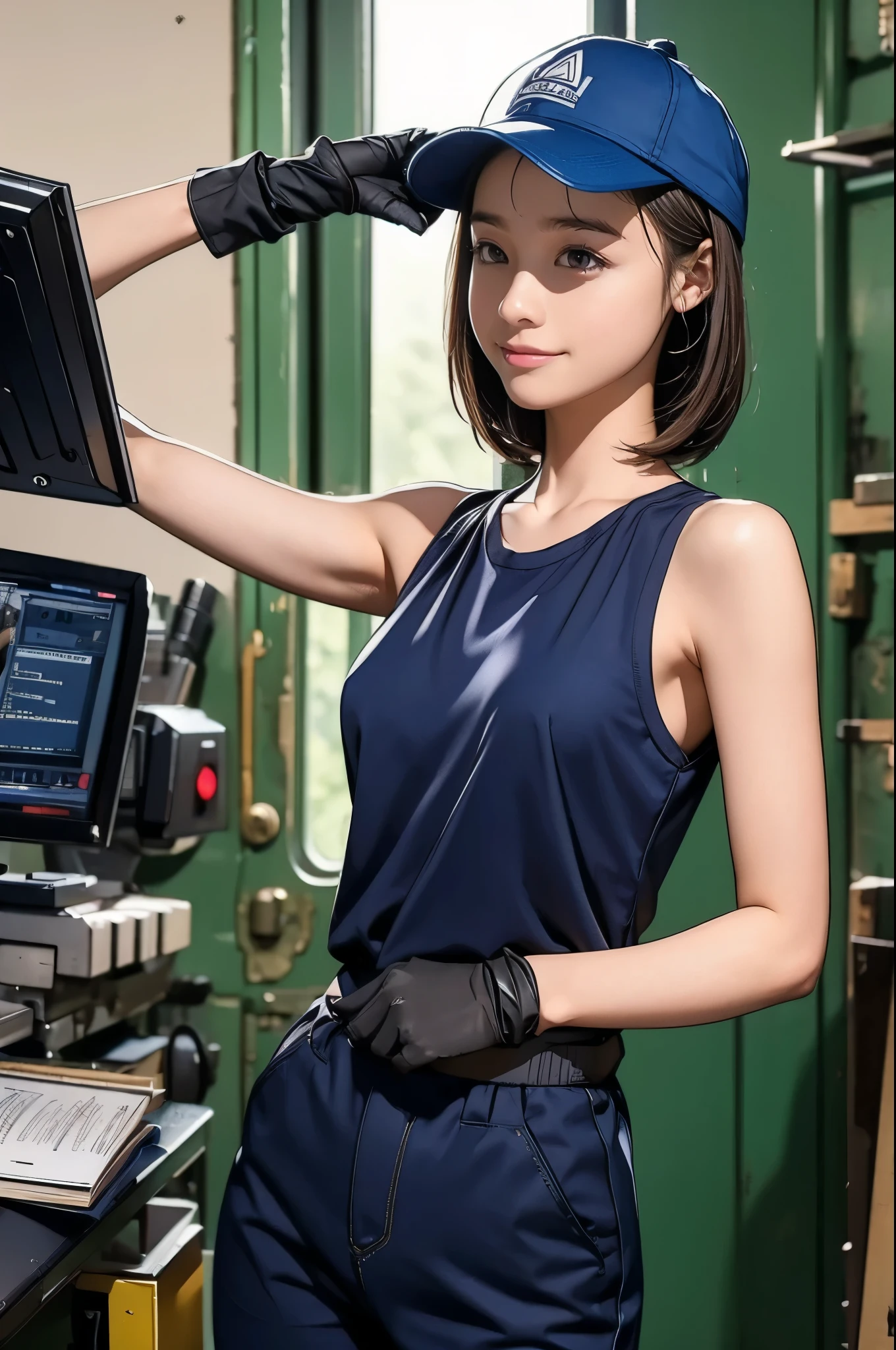 Long Shot, avert your eyes, High resolution、in the factory、Raise your arms、Show your armpits:1.4、、Very slim、Very thin thighs、Girl worker、Working on the machine、Have the tools、Embarrassed Laugh、Tank top:1.3、Heavy duty work trousers、Wearing a sports cap、gloves、Bobcut