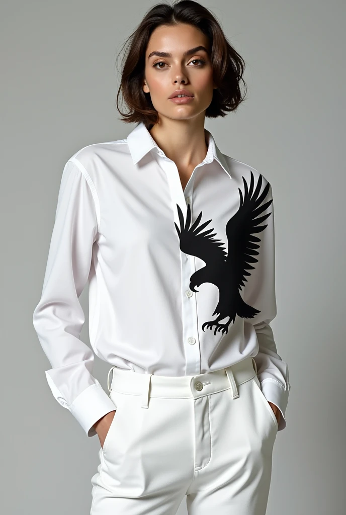 "Design a contemporary outfit featuring a plain white shirt paired with white pants, creating a sleek and minimalist look. The highlight of the shirt is a bold eagle motif on the right side, positioned prominently to draw attention. The eagle design should be sharp, with its wings spread wide, symbolizing strength and freedom. The overall outfit should combine simplicity with a strong, commanding visual element, making it ideal for someone who wants to convey both modern style and a sense of powerful elegance."