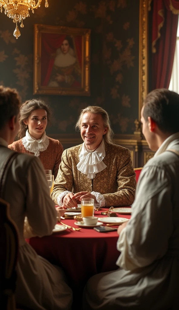 A group of early 18th-century nobles seated in a grand salon, discussing the latest fashion trends. Their attire is more comfortable, with small collars and high-quality fabrics, reflecting the shift in wealth display. Use cinematic colors to highlight the luxurious setting
