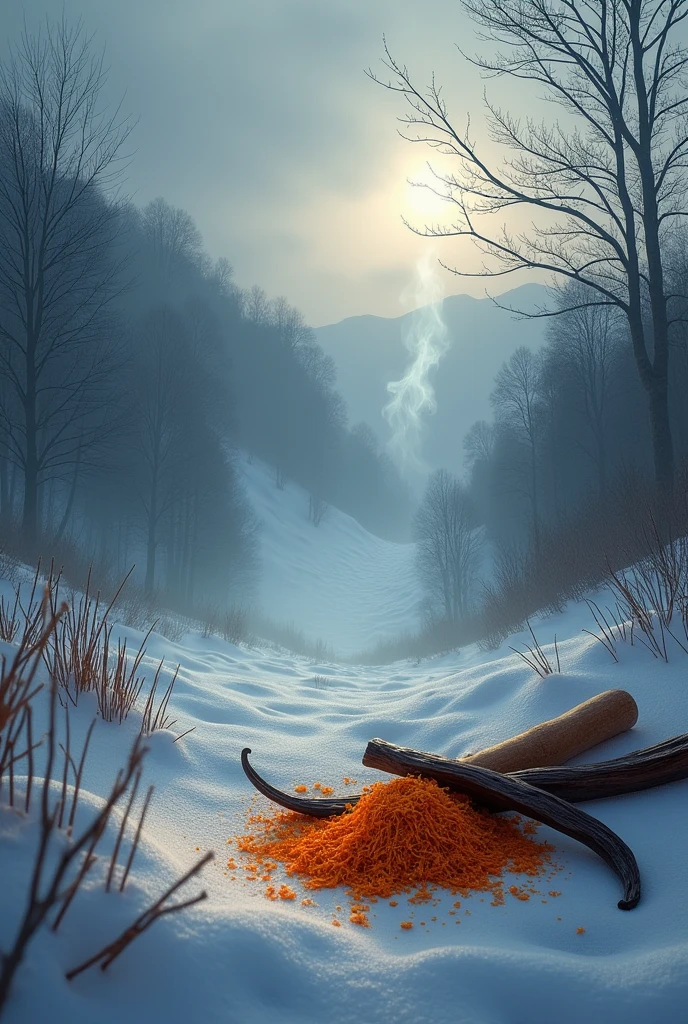 scenery, with snow , accompanied by vanilla, saffron, Cinnamon and steam. with a dark tone