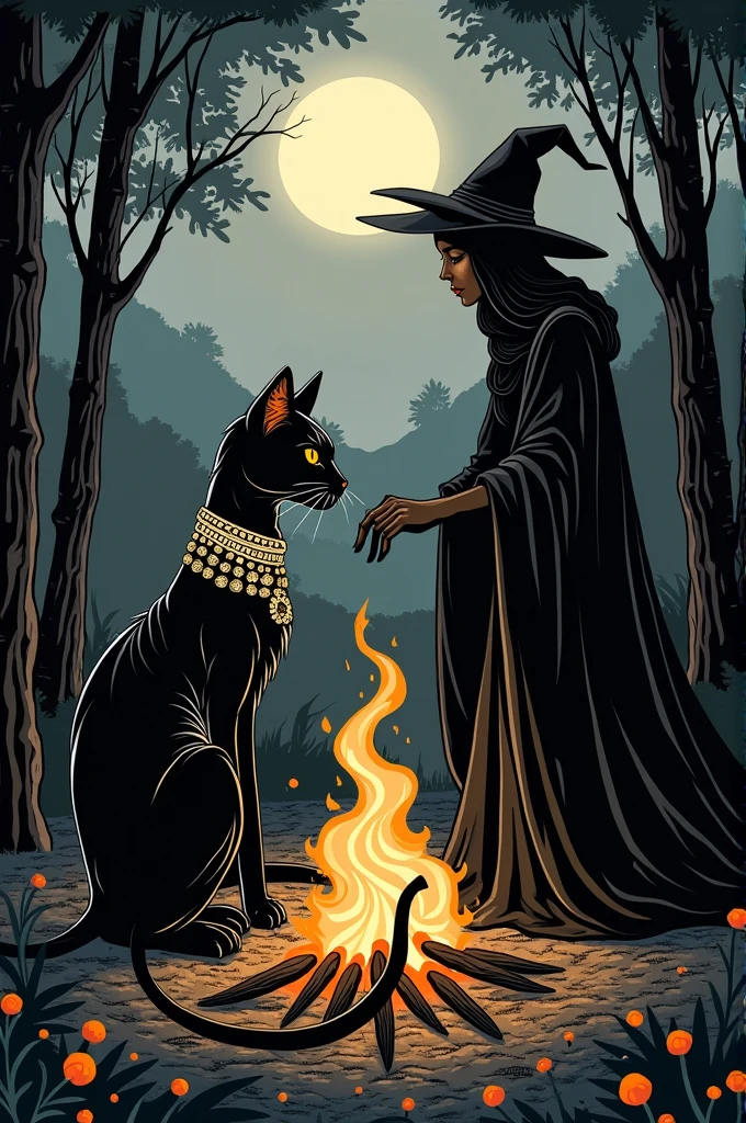 A mystical Art Deco cat wearing an ornate jeweled collar gracefully coils around a crackling fire in a moonlit forest. A mysterious witch, enveloped in a flowing black cloak and pointed hat, tends to the flames with a reverent aura. The scene is heavily inspired by the stylized, geometric forms of Tamara de Lempicka, the mystical symbolism of Odilon Redon, and the bold, graphic lines of Sybil Andrews. Executed in a high-contrast black and white woodcut block print aesthetic, evoking a sense of mystique and reverence.A mystical Art Deco cat wearing an ornate jeweled collar gracefully coils around a crackling fire in a moonlit forest. A mysterious witch, enveloped in a flowing black cloak and pointed hat, tends to the flames with a reverent aura. The scene is heavily inspired by the stylized, geometric forms of Tamara de Lempicka, the mystical symbolism of Odilon Redon, and the bold, graphic lines of Sybil Andrews. Executed in a high-contrast black and white woodcut block print aesthetic, evoking a sense of mystique and reverence.