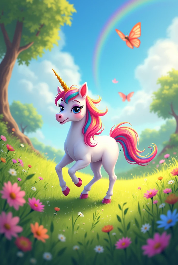 Create an image for story book Chapter 1: The Shiny New Day
In a magical land far, far away, where rainbows always painted the sky and the grass was as soft as a fluffy cloud, there lived a little unicorn named Sparkle. Sparkle had a shimmering white coat, a beautiful rainbow-colored mane, and a golden horn that glittered in the sunlight. Every day, Sparkle would prance through the meadows, play with her animal friends, and chase butterflies