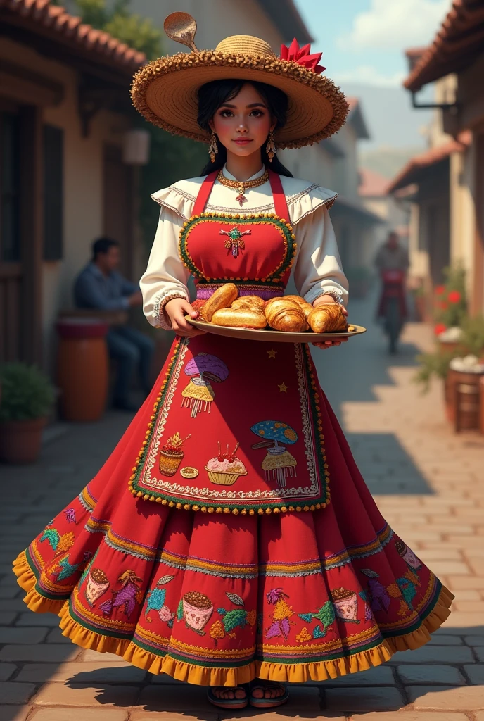 Traditional costume:

The cholita would wear the classic colorful and wide skirt, adorned with embroidery that could include details related to baking, like small cakes or utensils.
The borsalino hat would be part of the outfit, but with a special touch, perhaps decorated with a small spatula or rolling pin.
Pastry Details:

The cholita could hold a tray with typical sweets, like sweet empanadas, cakes or pies.
You can add an apron with colorful edges, combined with the colors of the skirt and details that represent the pastry, like cupcakes or biscuits.