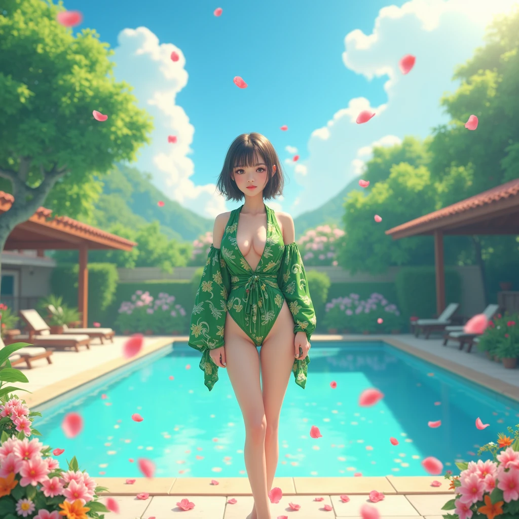 (Browsing Caution),One person, ((Green kimono-like swimsuit)), The waist is tied、long kimono, (Off the shoulder, Cleavage, Large Breasts), Swimming pool、Floral print, , (barefoot)、short hair, Sandals, whole body, Are standing, (whole body像),(masterpiece, high quality, 最high quality), (colorful),(Delicate eyes and face), Volumetric Light, Ray Tracing, Highly detailed CG Unity 8k wallpaper,alone, ((Flying petals)), Outdoor, ,Flowers, blue sky, sunlight,
