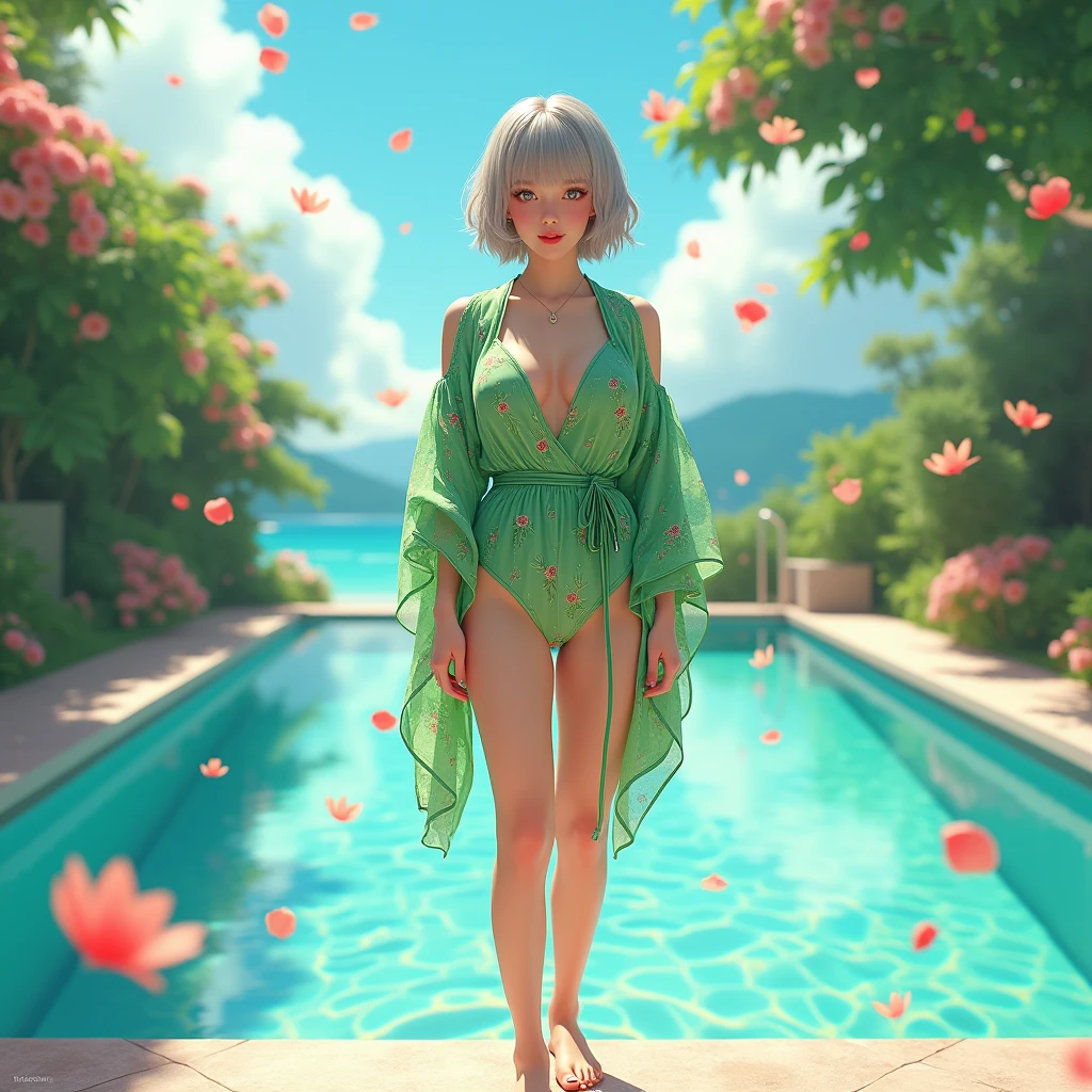 (Browsing Caution),One person, ((Green kimono-like swimsuit)), The waist is tied、long kimono, (Off the shoulder, Cleavage, Large Breasts), Swimming pool、Floral print, , (barefoot)、short hair, Sandals, whole body, Are standing, (whole body像),(masterpiece, high quality, 最high quality), (colorful),(Delicate eyes and face), Volumetric Light, Ray Tracing, Highly detailed CG Unity 8k wallpaper,alone, ((Flying petals)), Outdoor, ,Flowers, blue sky, sunlight,