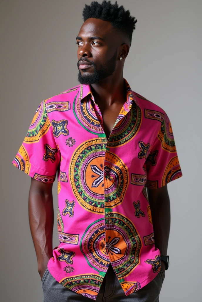 An eye catching, realistic, intricate details, pink colored shirt  with african artistic and cultural patterns 