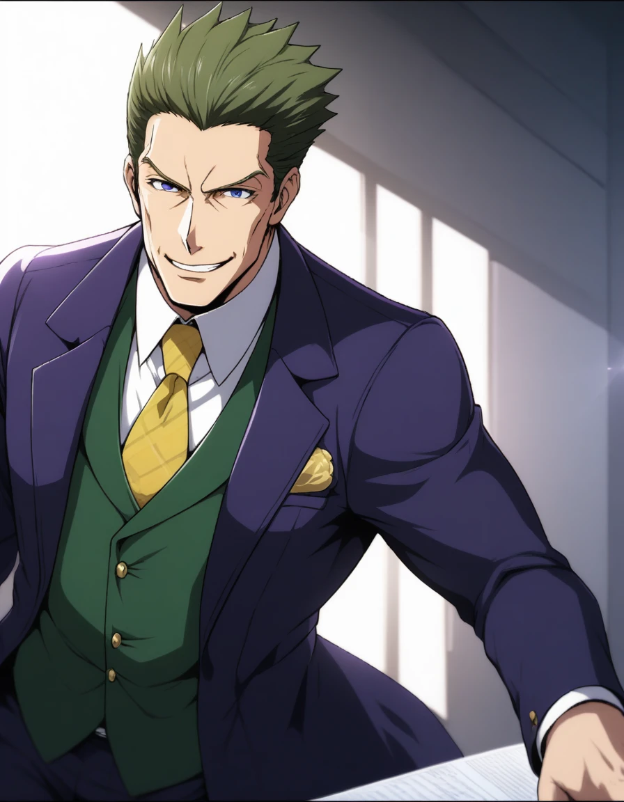1man, (mature father in old hentai CG style, dandy president, moss olive hair, deepblue eyes, arafed spiky hair slicked back, businessman hairstyle), ideal ratio body proportions, BREAK (over 30s, elder producer, toned dilettante, high cheekbones, broad shoulder, square shaped face, handsome, beautiful detailed eyes, under 40s), BREAK (violet formal jacket, purplewhite shirt, yellow necktie, simple costume), BREAK solo, cool smile, smart emotion, BREAK upperlegs, romantic expression, 2000s, visual novel, in nitroplus style, BREAK depth of field, dutch angle, cinematic shadows, cinematic lighting, lens flare, light leaks, texture, absurdres absolutely resolution, extreme all detailed, greatest paint, BREAK masterpiece, best quality, BREAK score_9, score_8_up, score_7_up, source_anime, rating_safe, score_6_up, score_5_up, score_4_up