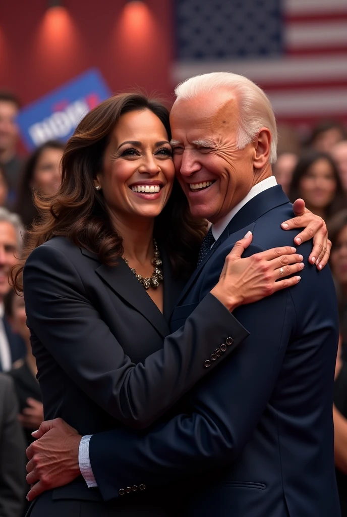 kamala harris and Joe biden are very happy for kalama's election, Kamala Harrys smiles in a very expressive and ultra happy way as if she were becoming historic