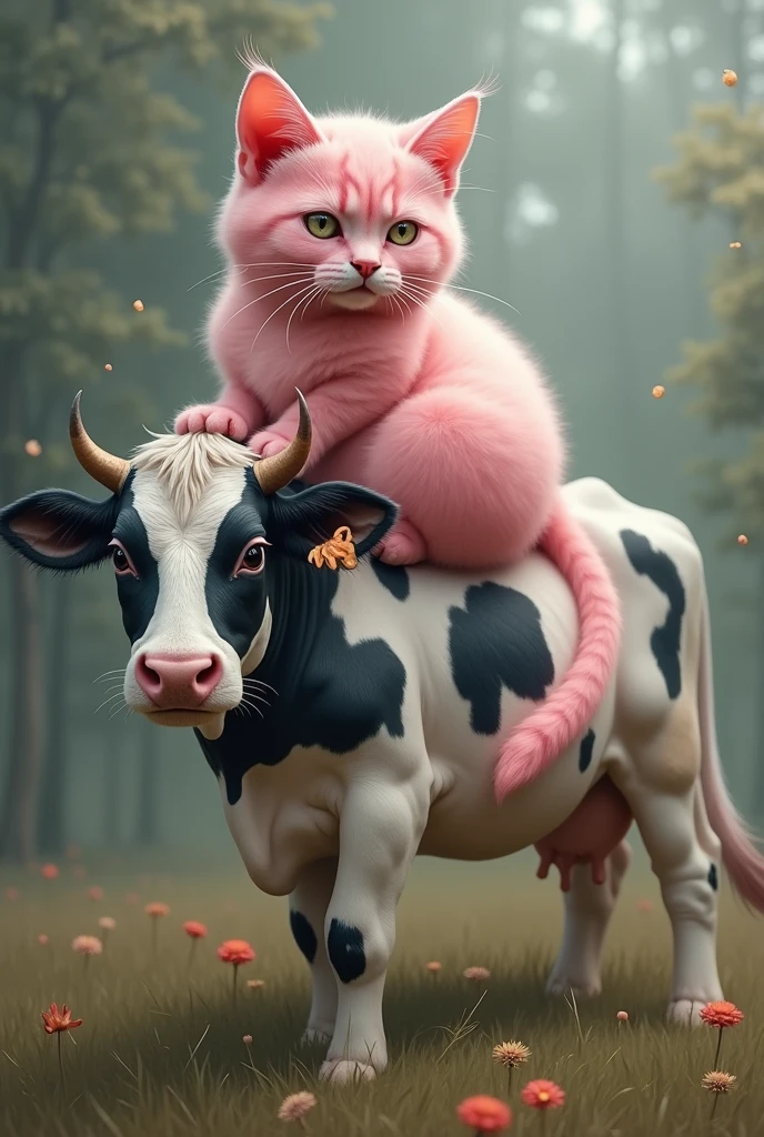 A very beautiful pink cat on a cow