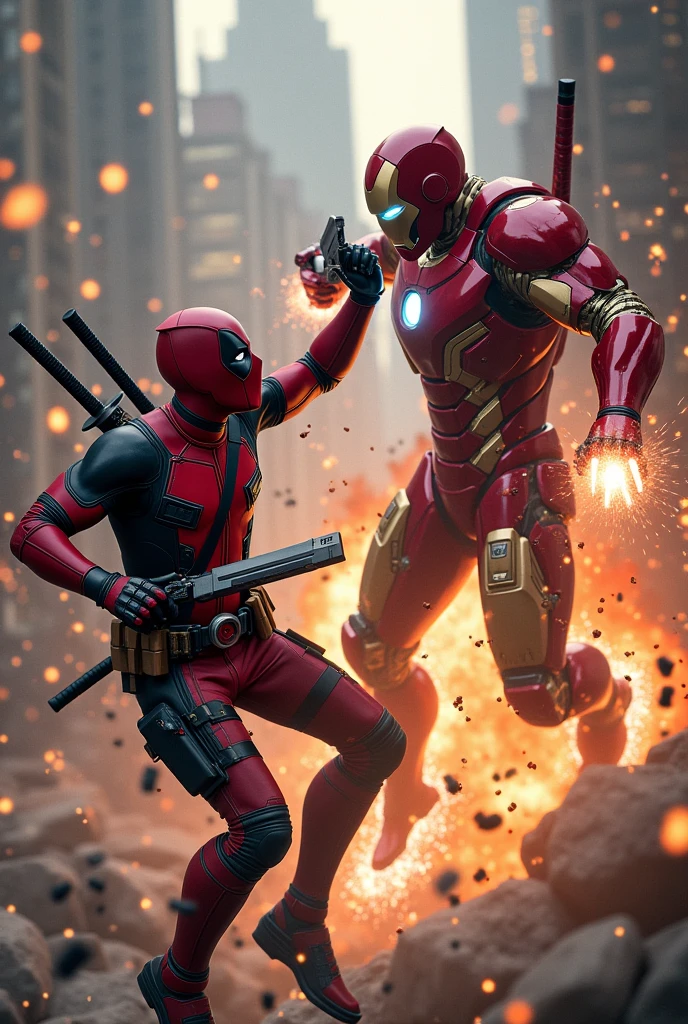Deadpool and iron man fight