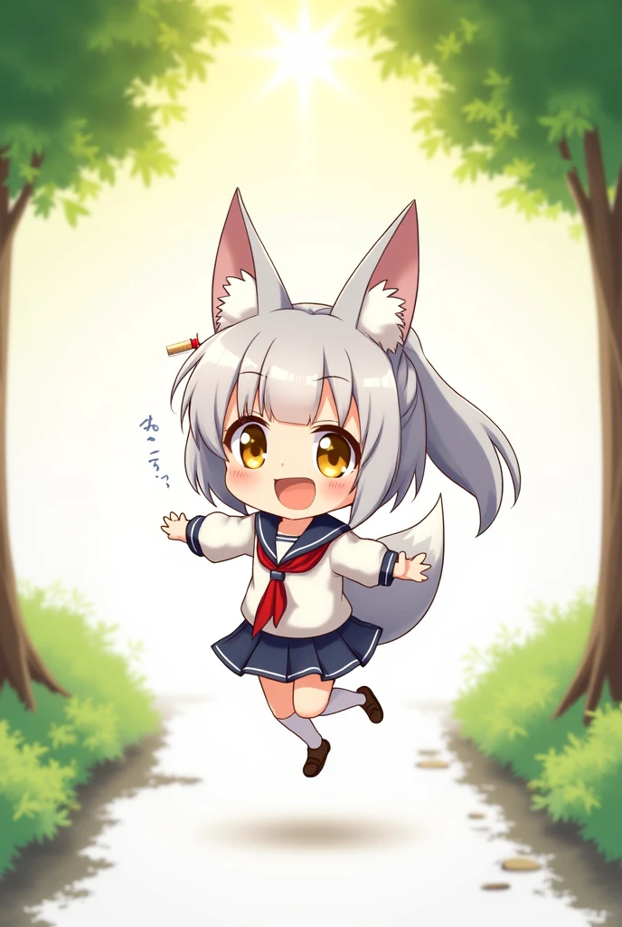 highres, nenodroid, glad, laughing, junping, looking at viewer, ponytail, blunt cut, silver hair, golden eyes, big eyes, eyes open, fair skin, chibi, slim, mini skirt, school uniform, sailor uniform, ribbon, with fox ears, japanese, white background, in the forest, with a sun, with a tree, kawaii, chibi anime, soft-edged, full body shot, from front, sunrise,