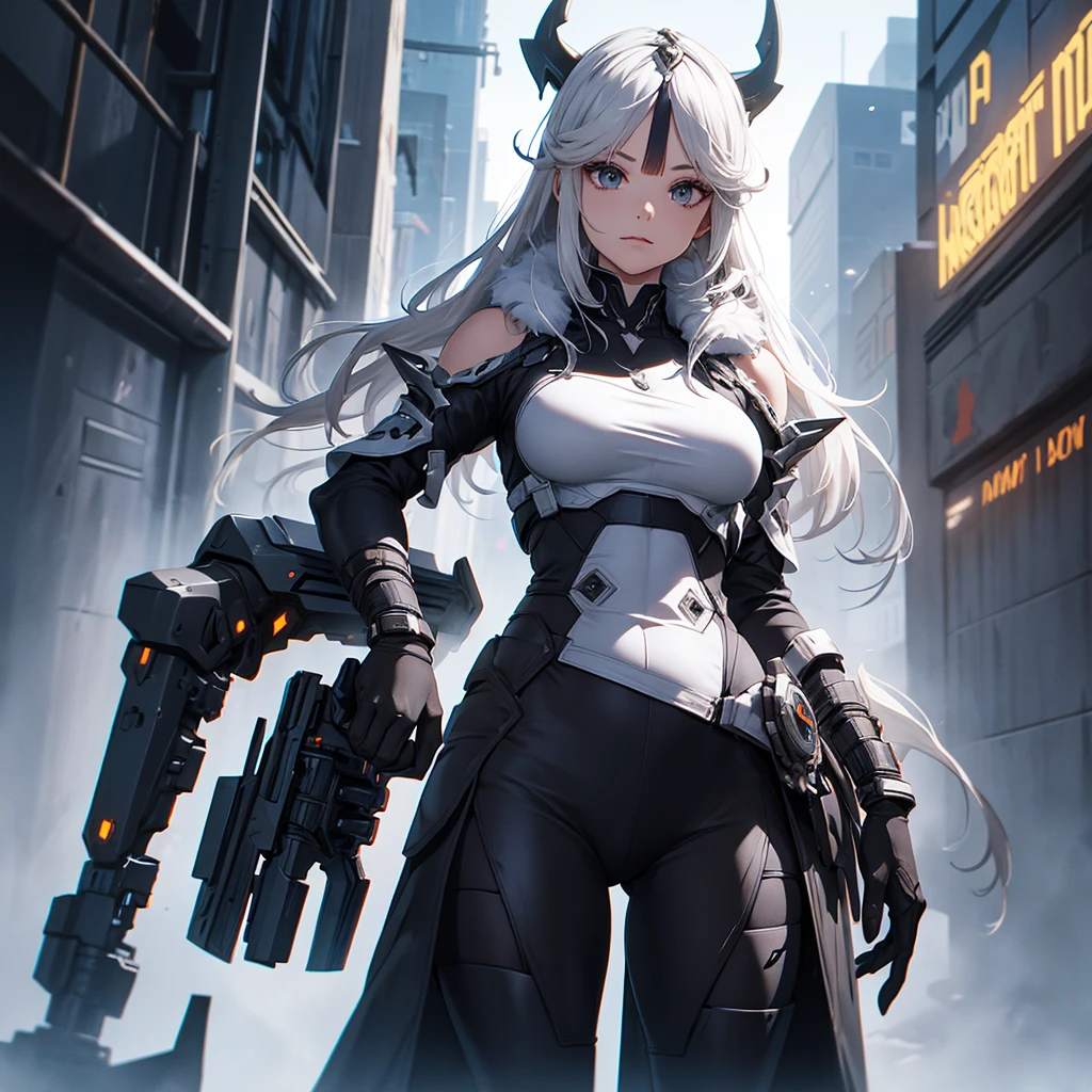 Make an alien character. She should have black clothes as technological armor., besides having futuristic horns
