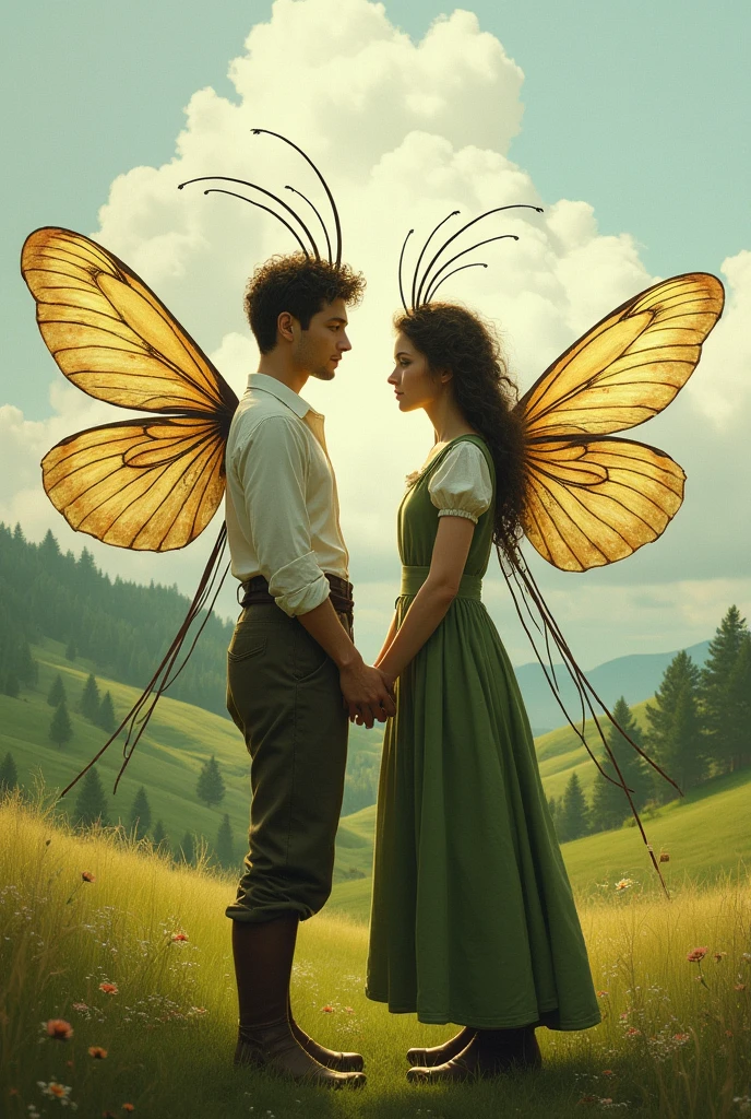 Peasant man and woman with insect wings and antennae to draw