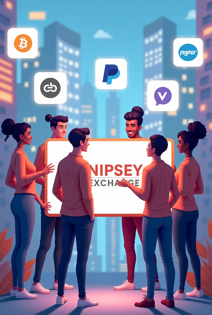 Creat for me like 6 people holding a board written Nispey exchange With large PayPal logo in the back and other small logos of cashapp,Venmo and a bit large bitcoin logo also And write word swift rate double,write cashapp logo different and bitcoin logo different , write correct bitcoin logo