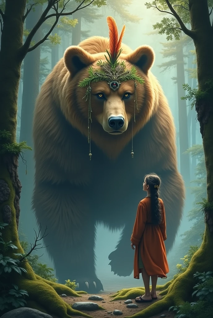 Breathtaking, 美Shii森の精霊の少女が、A semi-realistic image capturing an awe-inspiring encounter with the guardian deity of the forest, a mystical brown bear adorned with magical accessories.、A powerful yet elegant presence, Her rough々Shii, Mystical clothing, Perfect for exploring uncharted nature. she is a towering tree々standing between, Her expression was one of awe and respect as she gazed upon the giant brown bear.. The fur emits a fantastic glow., Wearing a magnificent crown of feathers and leaves, It is entangled with vines that flow down from its body., Enhances mystical aura. Packed with ancient wisdom, Meet her, Create powerful moments of connection between protectors and travelers. The forest is dense and mysterious, With soft rays, Light penetrating the thick tree canopy, Add a captivating glow to the scene. The composition evokes a sense of adventure, discovery, And those who dare to explore nature and its deepest secrets.々The sacred bond between. 画像は視覚的に素晴らShiiものでなければならない, Combining semi-realistic details with fantasy elements、Create immersive and awe-inspiring visual stories.