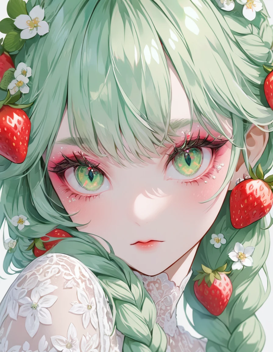 pastel colour,A girl with strawberries in her hair,green braided hair,Delicate and delicious-looking strawberries grow,Big eyes,long eyelashes,delicate makeup,Too eyebrows,transparent skin,pure white lace dress
