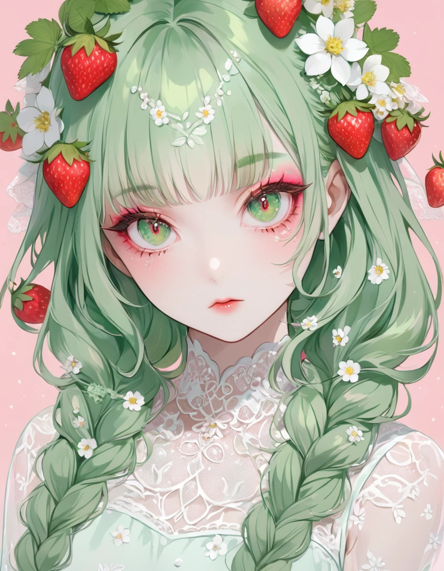 pastel colour,A girl with strawberries in her hair,green braided hair,Delicate and delicious-looking strawberries grow,Big eyes,long eyelashes,delicate makeup,Too eyebrows,transparent skin,pure white lace dress