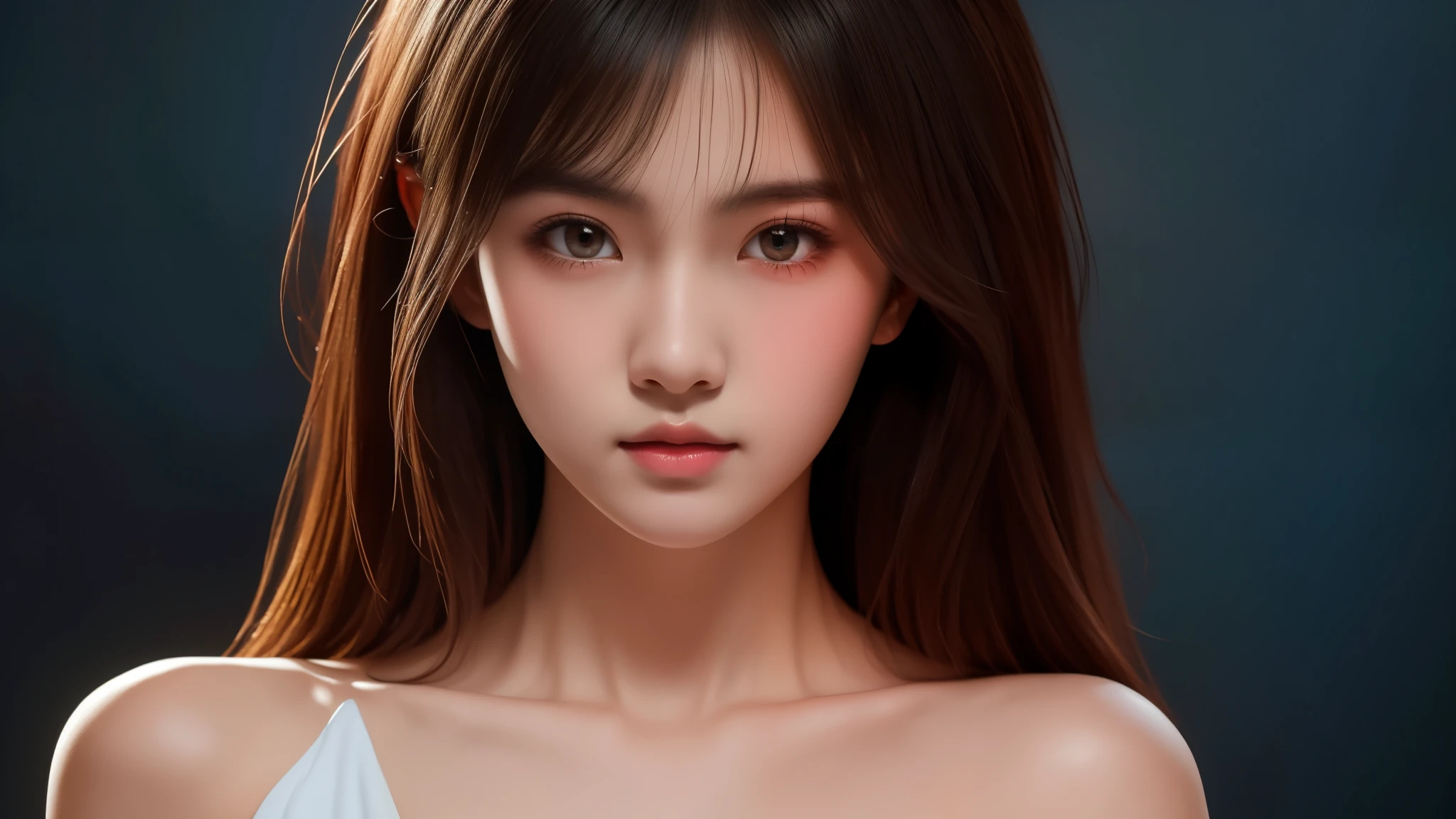 The illustration features high-quality and delicate details. A cute, innocent Asian teenage girl with light makeup, wearing revealing attire, a sexy figure, and detailed white skin. It has high resolution, presented as a 16K wallpaper with a completely dynamic structure. The painting includes exquisite and beautiful eyes, a captivating and expressive face, showcasing lively and elegant expressions. The subject is gazing slowly at the viewer against a black background, reminiscent of Mark Demsteader's style.