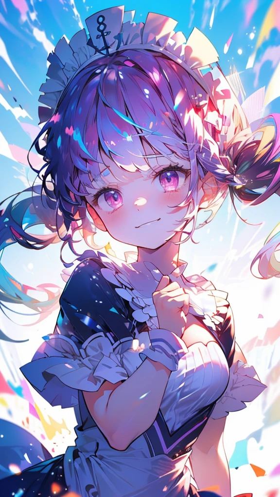 (Highest quality:1.2), (Very detailed:1.2),(masterpiece:1.2),(8k:1.2),(Blessed,Captivating body、Very beautiful eyes、Very detailed肌、Very detailed顔,Detailed Background), aaaqua, twintails, drill hair, maid headdress, cleavage, short sleeves, wrist cuffs, (summer background,Blue Sky background), (Sad smile:1.5)