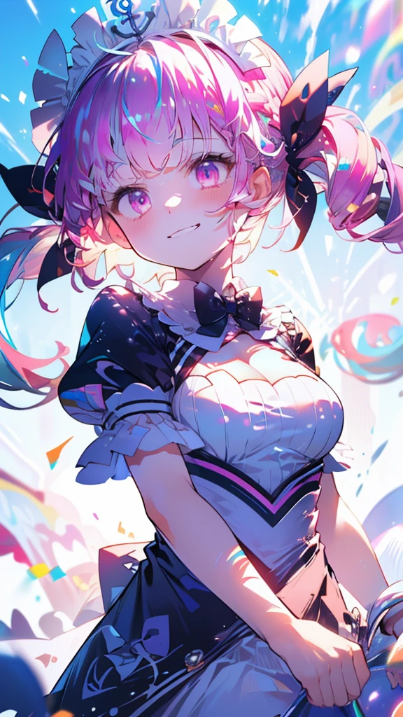 (Highest quality:1.2), (Very detailed:1.2),(masterpiece:1.2),(8k:1.2),(Blessed,Captivating body、Very beautiful eyes、Very detailed肌、Very detailed顔,Detailed Background), aaaqua, twintails, drill hair, maid headdress, cleavage, short sleeves, wrist cuffs, (summer background,Blue Sky background), (Sad smile:1.5)