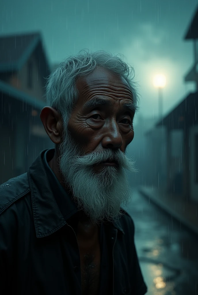 A 70-year-old indonesian grandfather walking on a night,White beard and white eyebrows,Ultra-detailed detailing,Highlight the atmosphere of despair and loneliness,Ultra-realistic seniors,Aging on the face is vividly depicted,Age spots,Real wrinkles,Extreme light and shadow,Aurora chase,Extremely strong reflected light,Extreme ambient light,Hyper-realistic,tmasterpiece,Night of heavy rain,The rain drenched the whole body,(Extremely complex eye details:1.3)His face was filled with sadness and sadness1.2,(ultra-realistic realism:1.3)rendering by octane,CGSociety trends,8K,HighestQuali,(Black pupil 1.1)