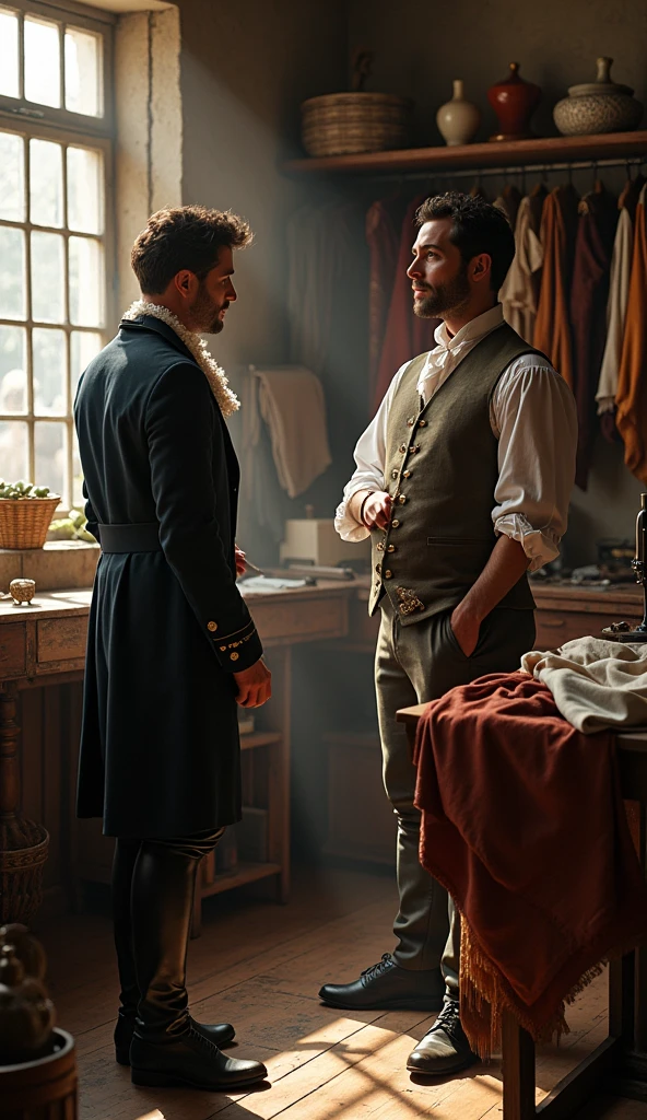 A 1700s tailor’s workshop, where the focus is on creating simpler, more comfortable clothing. The tailor is measuring a nobleman for a new outfit, with fabrics and designs that reflect the changing fashion. The colors should be rich and cinematic, with warm tones
