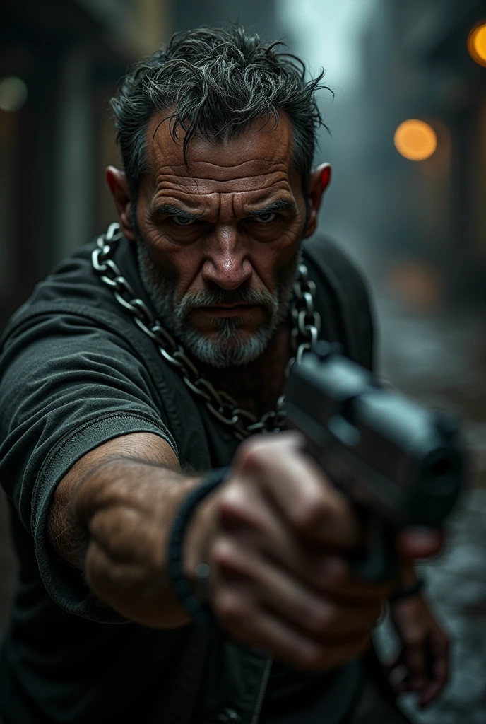 A guy with a chain around his neck holding a gun