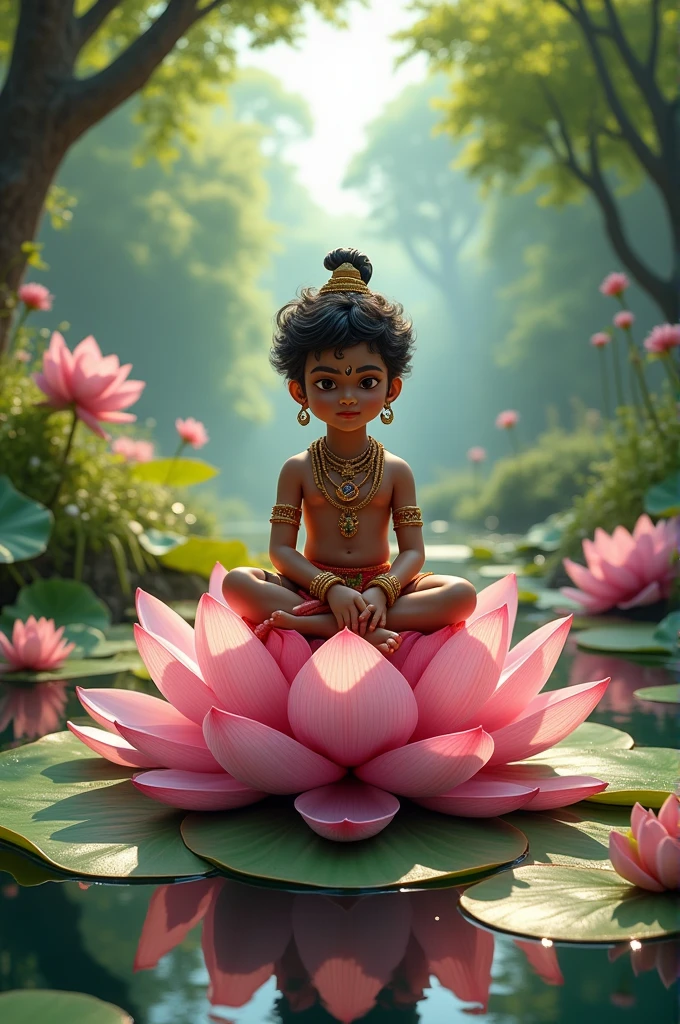 Make landscape photo of little krishna sitting on lotus flower, background full of trees, flowers