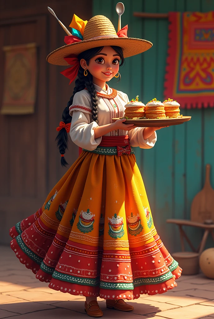 Traditional costume: BOLIVIA The cholita would wear the classic colorful and wide skirt, adorned with embroidery that could include details related to baking, like small cakes or utensils.
The borsalino hat would be part of the outfit, but with a special touch, perhaps decorated with a small spatula or rolling pin.
Pastry Details:
The cholita could hold a tray with typical sweets, like sweet empanadas, cakes or pies.
You can add an apron with colorful edges, combined with the colors of the skirt and details that represent the pastry, like cupcakes or biscuits.Hairstyle Style:
Traditional long braids can be adorned with colorful bows that have details such as small utensils or illustrations of cakes..
Position and Attitude:
The cholita may be smiling while offering a cake or candy in her hand., conveying a welcoming and friendly attitude.
The posture can be dynamic, as if waiting on a table or decorating a cake.
Cultural Fund:
To highlight your identity, The background may have elements that evoke Bolivian culture., such as Andean fabrics or vibrant colors that contrast with the cholita and her baked goods