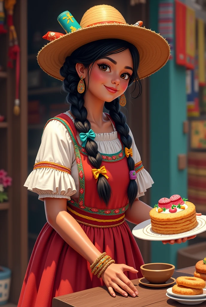Traditional costume: BOLIVIA The cholita would wear the classic colorful and wide skirt, adorned with embroidery that could include details related to baking, like small cakes or utensils.
The borsalino hat would be part of the outfit, but with a special touch, perhaps decorated with a small spatula or rolling pin.
Pastry Details:
The cholita could hold a tray with typical sweets, like sweet empanadas, cakes or pies.
You can add an apron with colorful edges, combined with the colors of the skirt and details that represent the pastry, like cupcakes or biscuits.Hairstyle Style:
Traditional long braids can be adorned with colorful bows that have details such as small utensils or illustrations of cakes..
Position and Attitude:
The cholita may be smiling while offering a cake or candy in her hand., conveying a welcoming and friendly attitude.
The posture can be dynamic, as if waiting on a table or decorating a cake.
Cultural Fund:
To highlight your identity, The background may have elements that evoke Bolivian culture., such as Andean fabrics or vibrant colors that contrast with the cholita and her baked goods