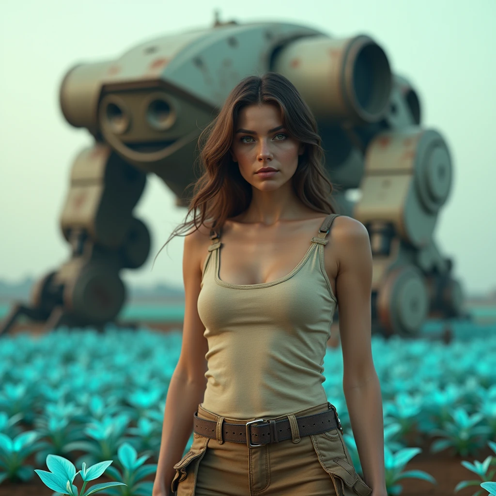 (Photorealistic:1.4). professional photography. 3150s style) in a neo retro futuristic dystopian world. A European farmer in the foreground, 30 years old and beautiful. she has brown hair , the green eyes, beautiful chest, 1m65, she is wearing a slightly dirty beige tight tank top and tight multi-pocket pants. She cultivates a field of electric blue bioluminescent plants, war robot of the old empire, heavy and rusty from the 2900s, Background. Ultra cinematic, ultra detailed, textures ultra detailles, contrast intense, High resolution, Anatomie correcte, Best Quality, uhd, textured skin, 8k