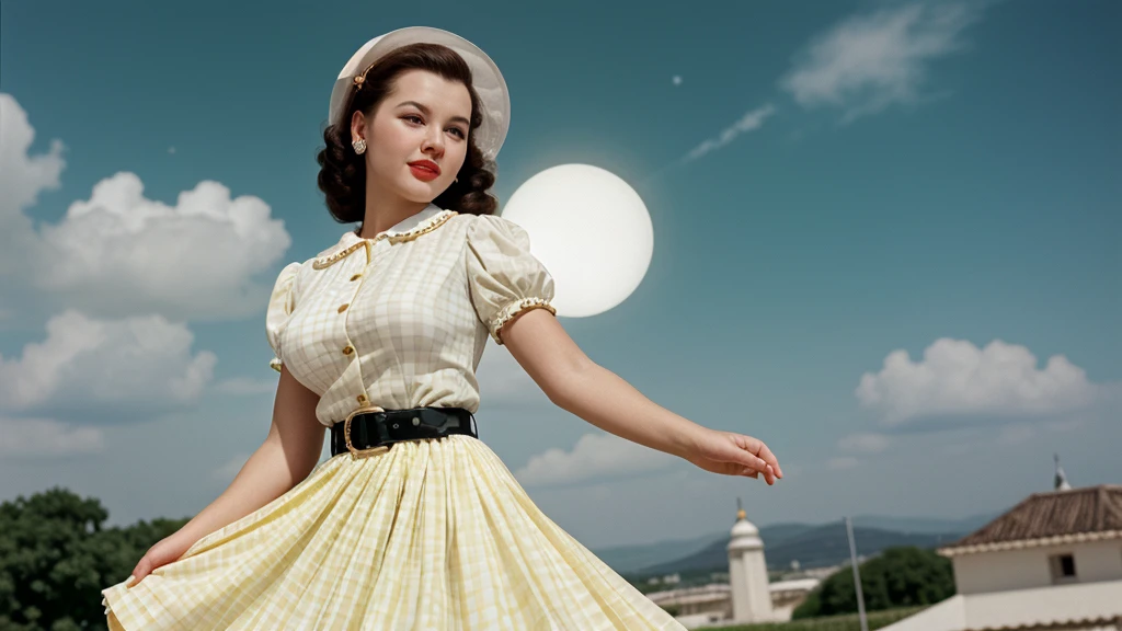 Imagine a beautiful woman, her hairstyle is from the year 1940, she is standing, she is facing the camera, she is a good distance away from the camera so that she can be photographed completely. her beautiful sandals are from the year 1940. She is wearing a 1940s tea dress with a Peter Pan collar, fitted waist and matching fabric belt, and a slightly flared skirt that falls below her knees. Short puffed sleeves with light ruffles on the shoulders, made from light yellow checkered poplin fabric with mother-of-pearl buttons on the front. Fine, subtle 1940s French seams pleat at waist. The background color of this image is light gray. Realistic image with 4k quality.