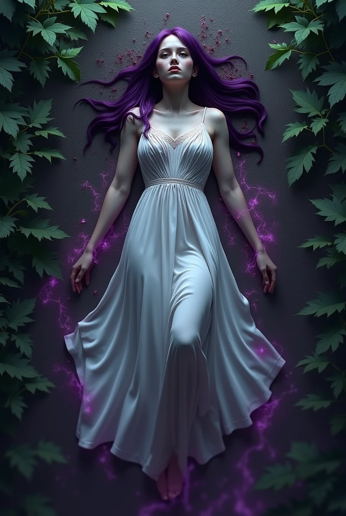 English woman 20 years old,skin fair,sparkling green eyes,dark purple hair,white gown,She is in pain and passed out on the floor,,ela esta cheia de sangue o white gown fica vermelho de sangue,forest of light scenario,scenarioposes,make-up,cinema image,品質,full body images,detailed,full body image,high resolution,she starts floating dead,black magic with purple surrounding it,the forest turns black ((camera above))